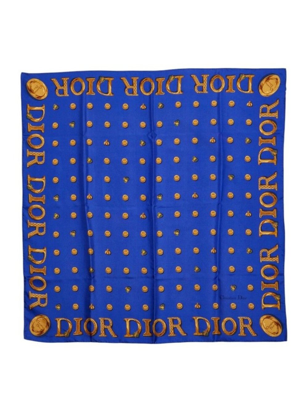 Dior Logo Button Pattern Scarf Large Blue Gold Silk